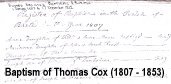 Baptism of Thomas COX on the 4th January 1807 from the Buxted, Sussex register